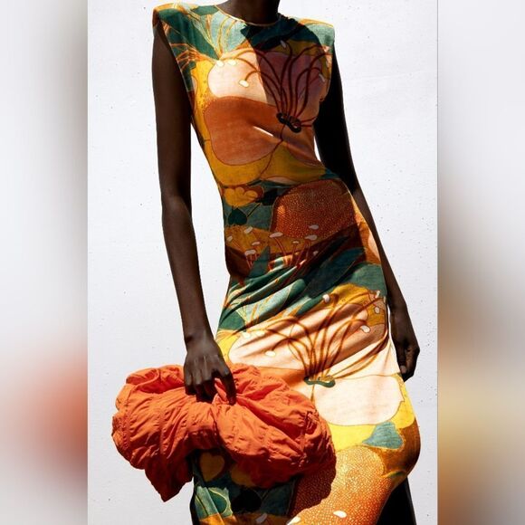 Zara Colorful Retro Floral Maxi Dress, Multicolored Knit Side‎ Cutout Small Size - Picture 3 of 12